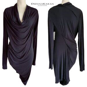 DONNA KARAN NWT Black Asymmetrical Draped Jersey Dress Size L